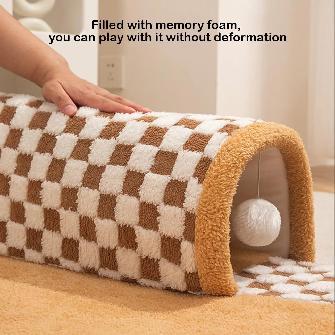 Coffee-colour fan-shaped plush pet bed tunnel for dogs and cats with a thick padded mat and anti-slip base.