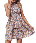 Women's backless halter summer dress with ruffled A-line skirt in a solid colour print.