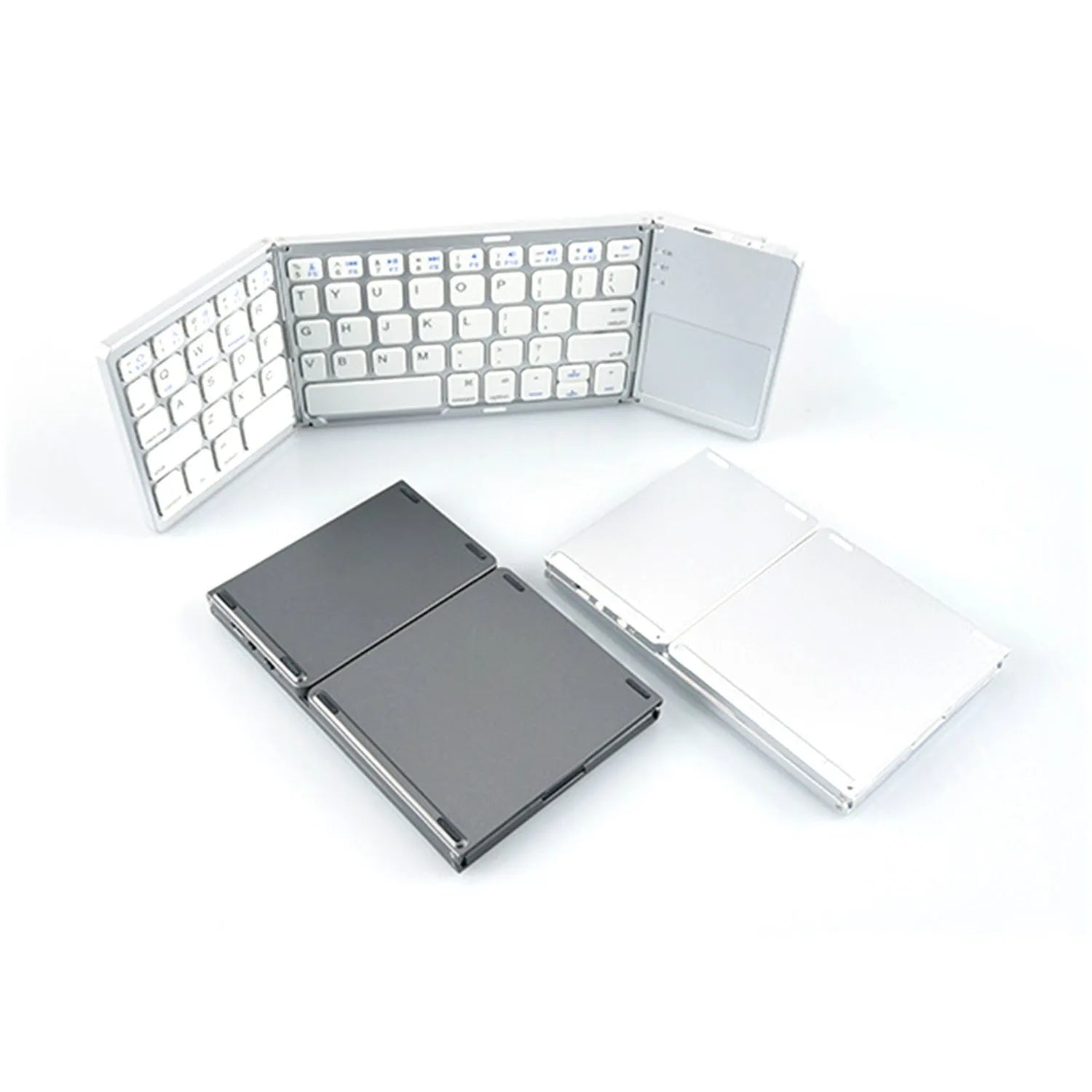 Black tri-fold Bluetooth keyboard shown folded and unfolded beside smartphone