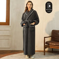 Super thick flannel couple's bathrobe in navy blue, shown on a hanger.