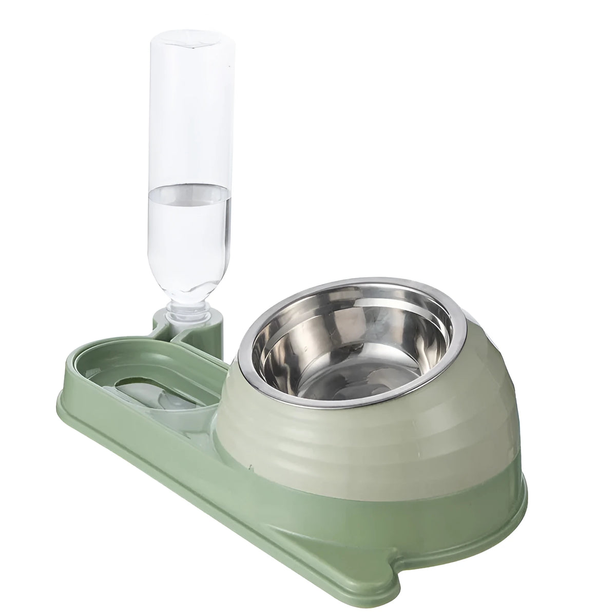 Brown cat food bowl set with elevated bowl and water dispenser bottle on floor