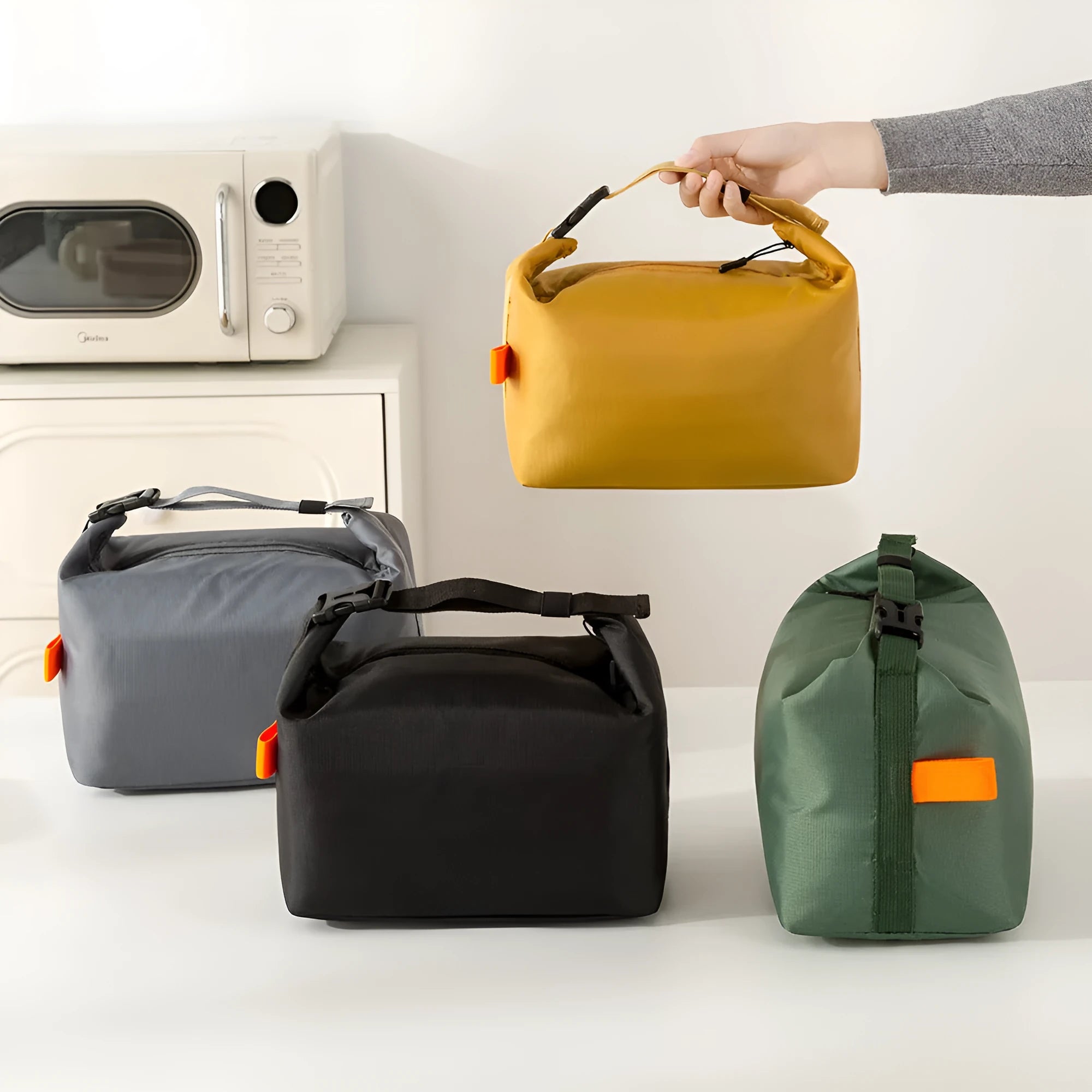 Japanese-style insulated cooler bag in Oxford cloth with wide opening, shown in Army Green colour.