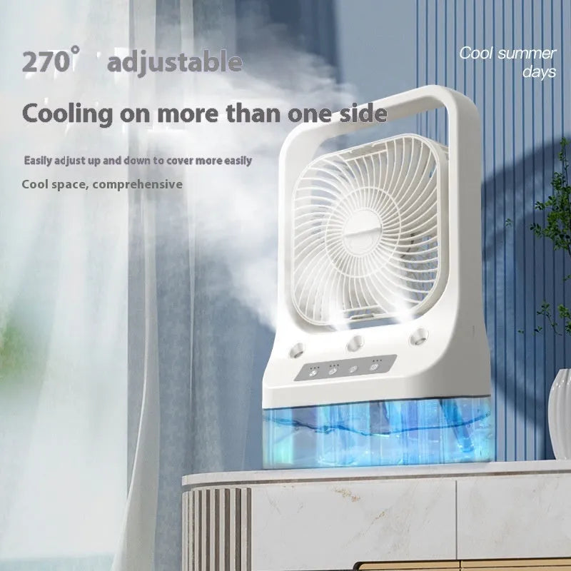 White USB rechargeable air cooler fan with water tank and adjustable head on table