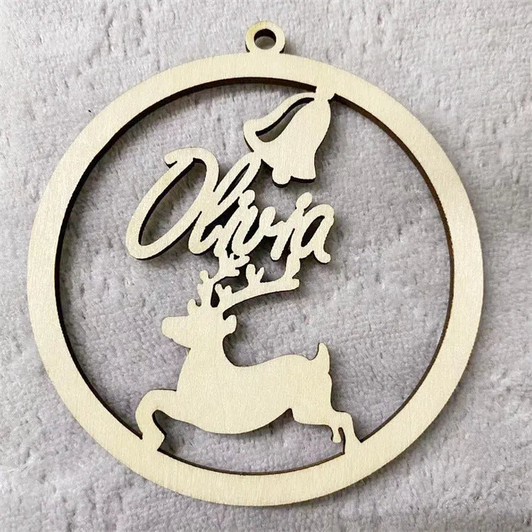 Hollow wooden Christmas tree decoration pendant with carved design personalised with English name