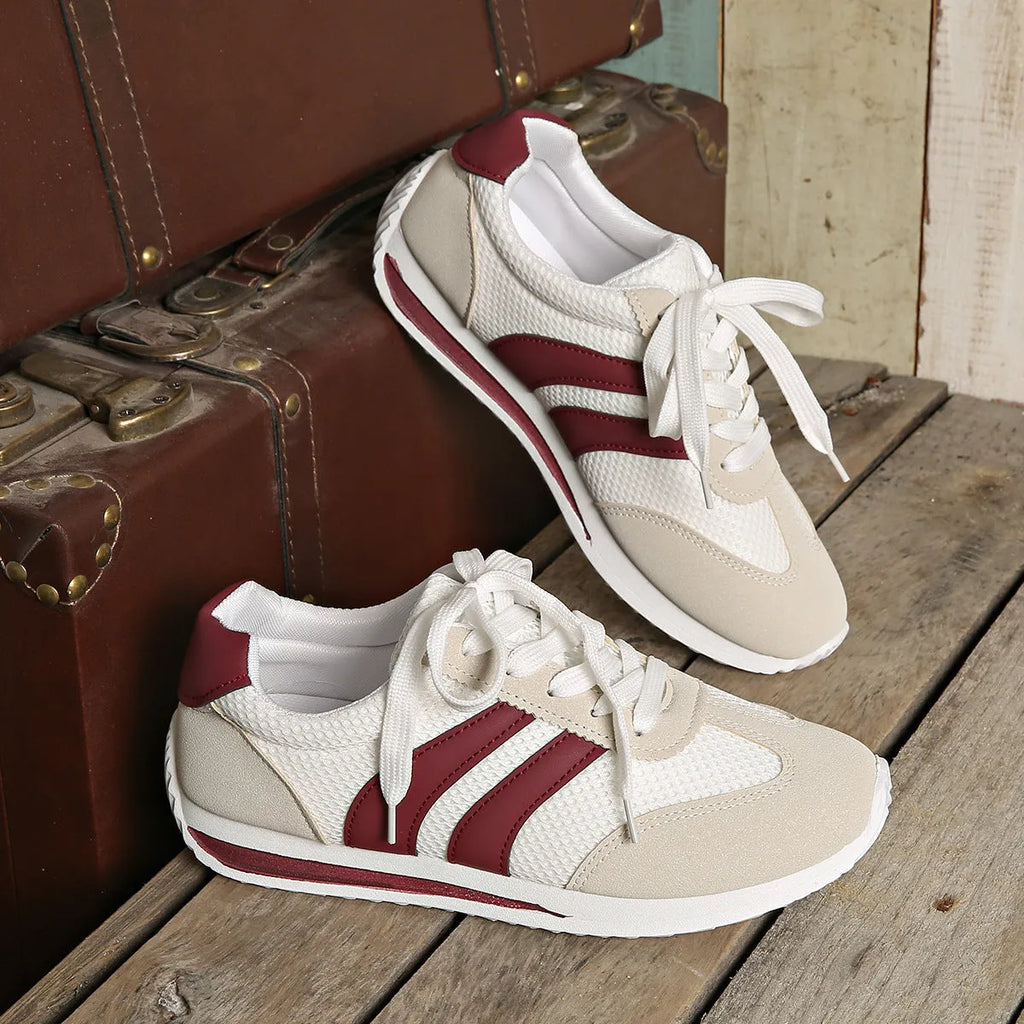 Women's wine red Cortez sneaker with cross-strap detail and breathable mesh upper