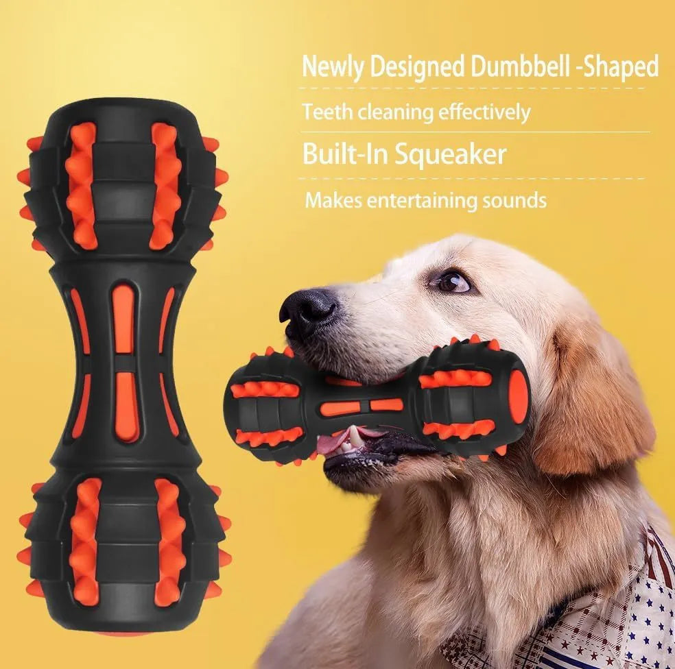 Red dumbbell-shaped dog chew toy for aggressive chewers with double-layer rubber construction