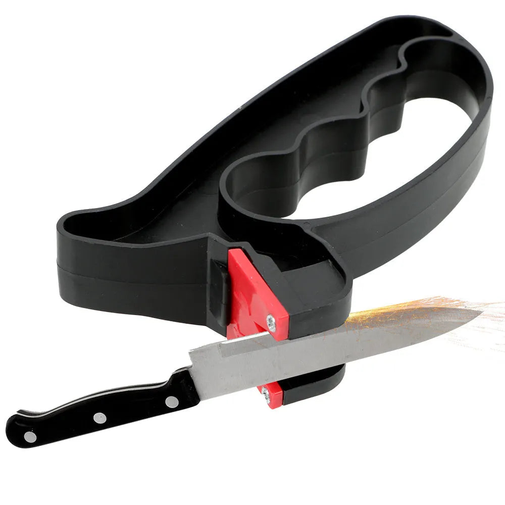 Black handheld knife and scissor sharpener tool with ergonomic handle and tungsten steel blade