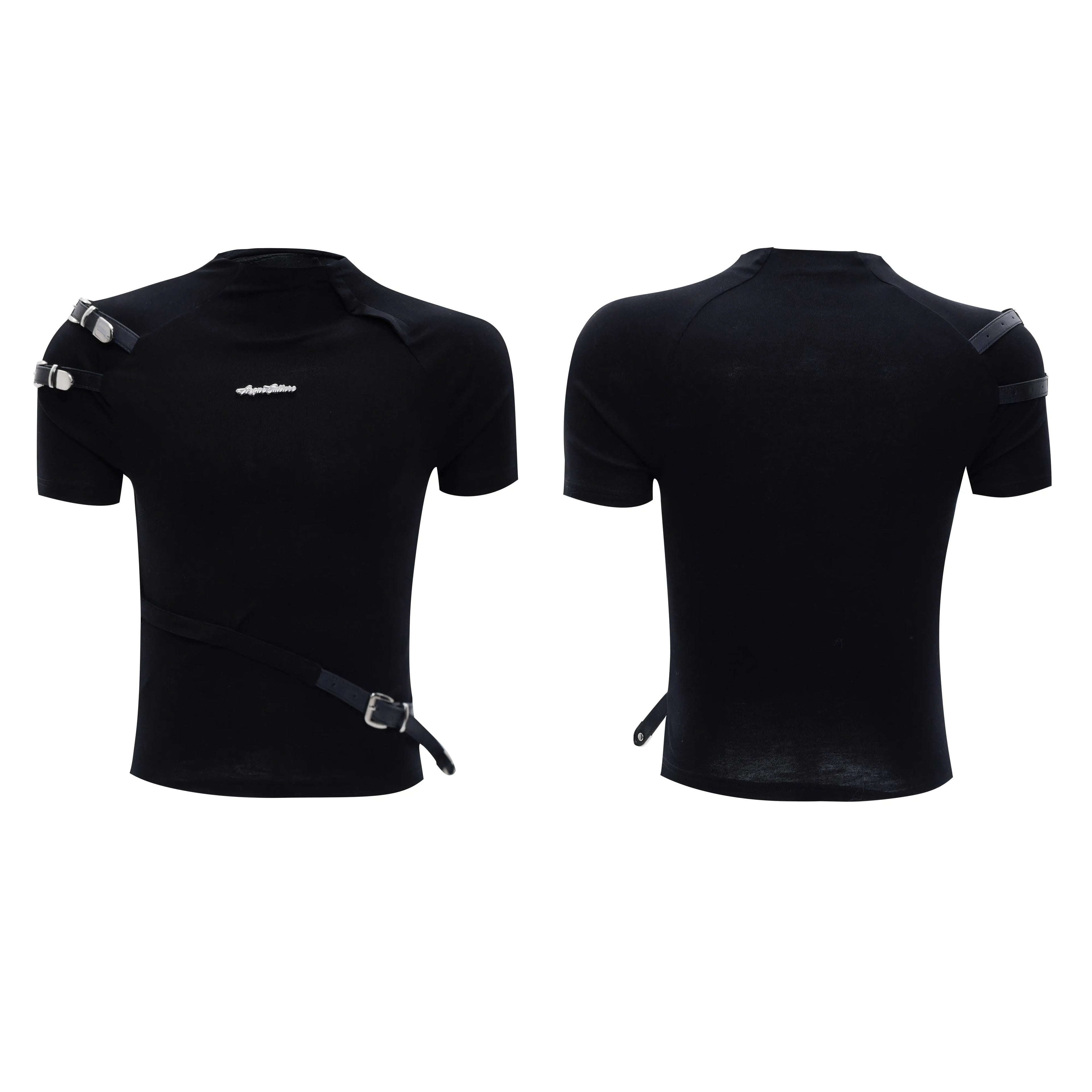 Men's slim fit black cotton T-shirt with metal belt detail and small stand-up collar