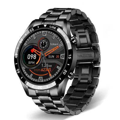 Smart watch with stainless steel wristband and 1.3-inch touch screen display showing step count
