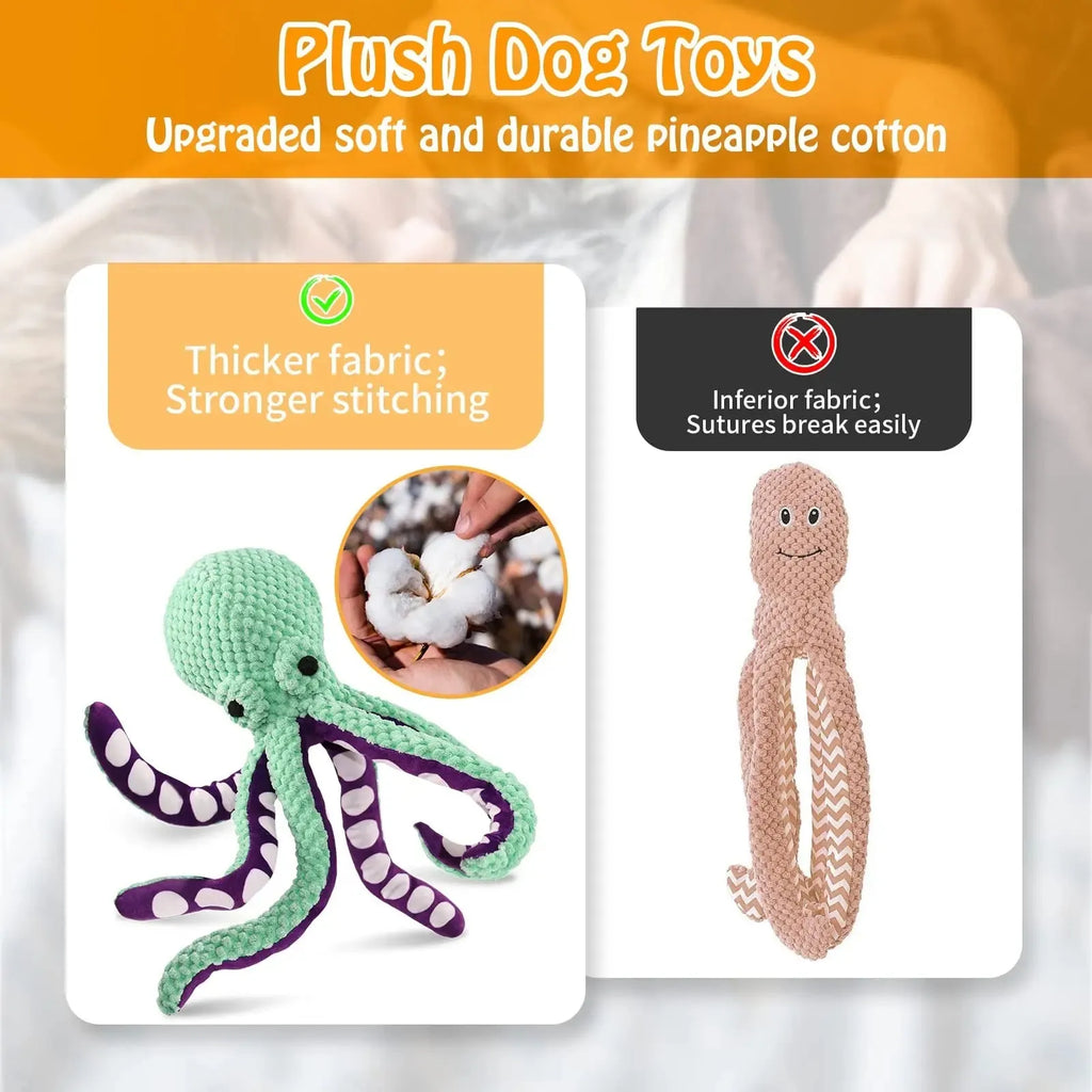 Blue plush octopus dog chew toy with six legs and squeaker for interactive play