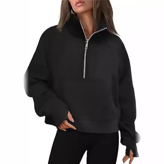 Loose lapel fleece-lined women's sweater in a solid colour, shown with raglan sleeves.