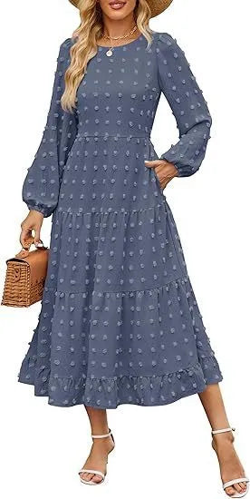 Autumn long sleeve dress with high waist and ruffle sleeves in solid colour options