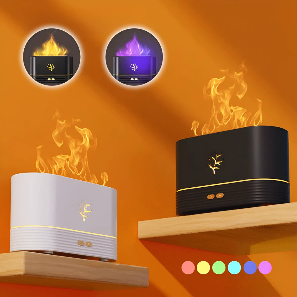 White square flame humidifier with LED fire simulation and USB power cable