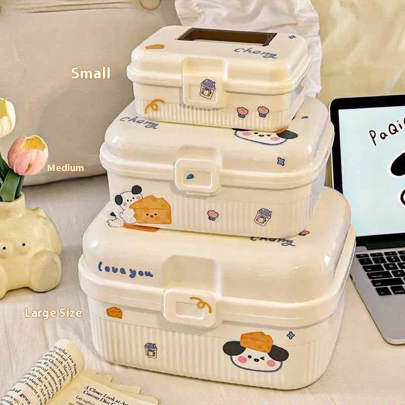 Double-layer plastic storage box with handle showing capacity and included size stickers
