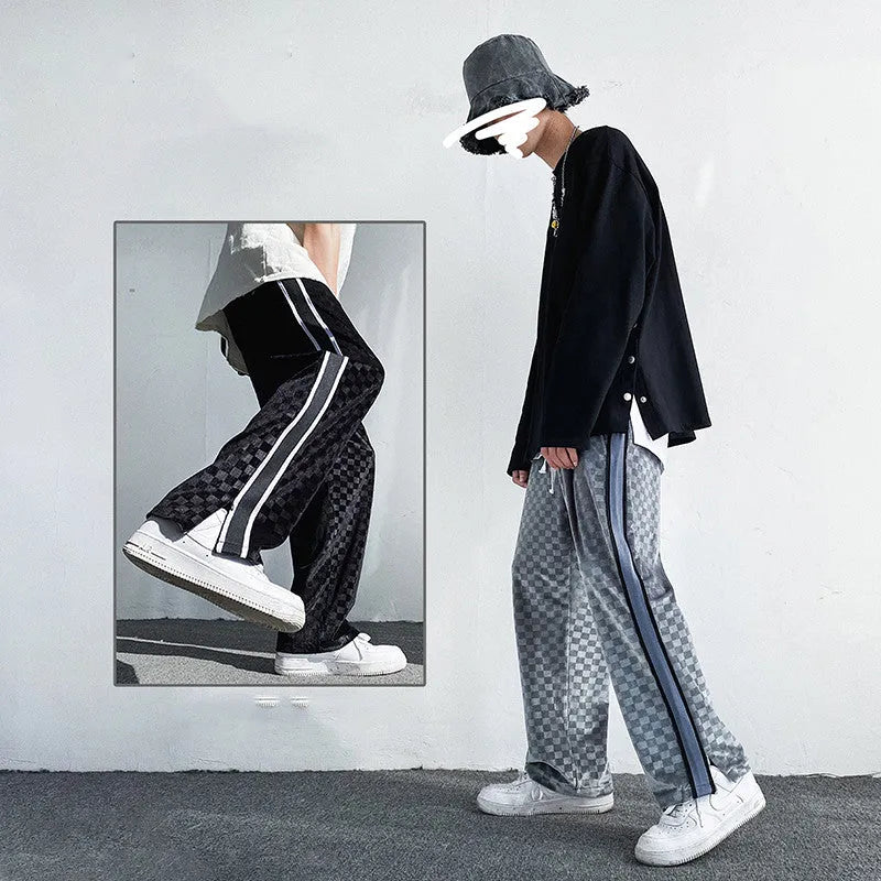 Falling Sense straight loose fit wide leg casual polyester trousers in grey, front view
