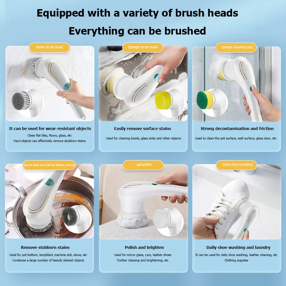 White USB electric handheld cleaning brush with five different brush heads for kitchen and bathroom surfaces.