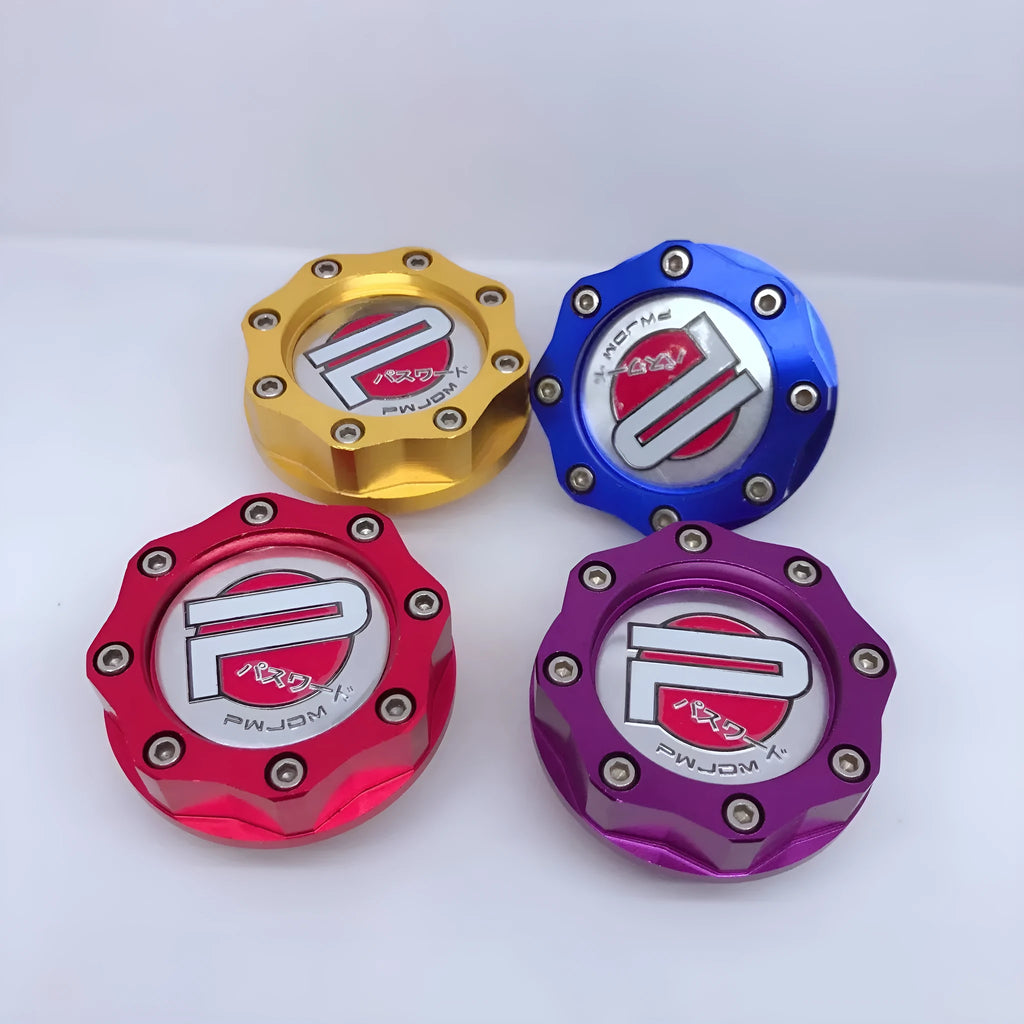 Aluminium alloy fuel tank cap for Honda cars in red, blue, gold, and purple colour options