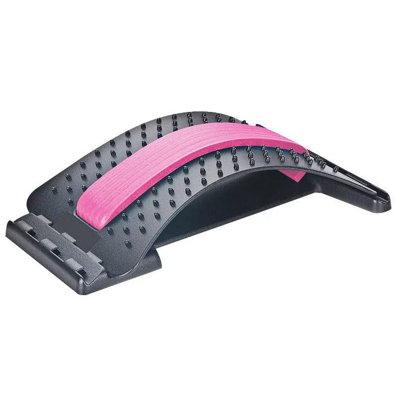 A black back massager and stretcher device with plastic pins and magnetic points on an adjustable frame.