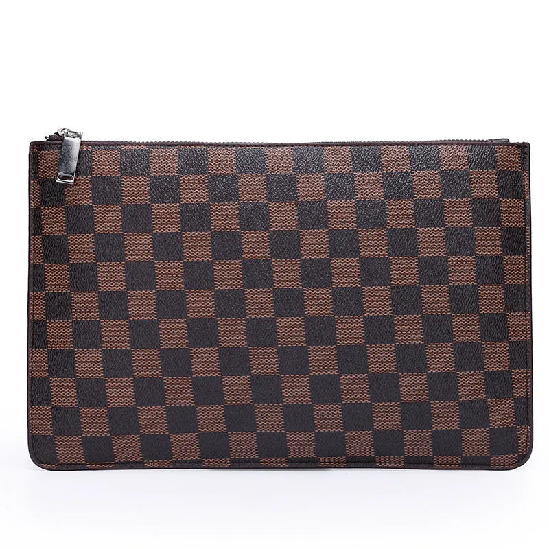 Men's soft PU leather clutch wallet with checkered pattern showing card slots and zipper pocket