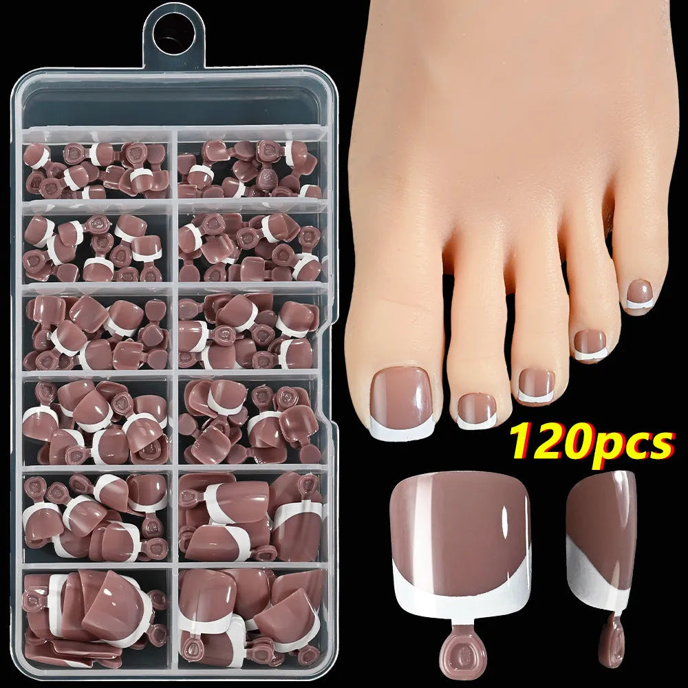 120 pieces box of French white edge short full square toe nail pieces for ladies in multiple colours