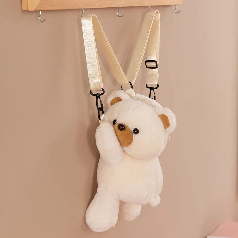 Cartoon bear lying-down plush doll crossbody bag in solid colour with airpillow straps