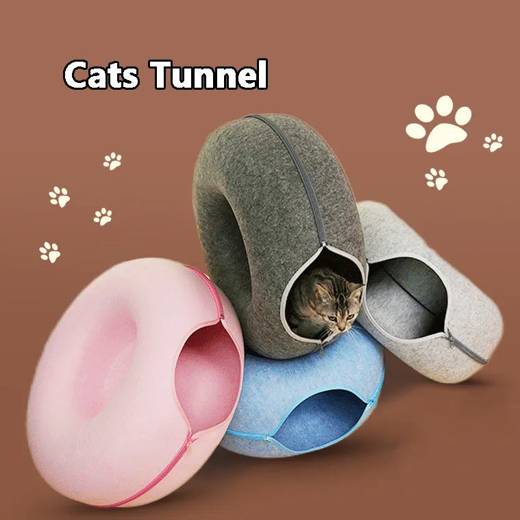 Grey felt cat nest tunnel with round bed and side tunnel entrance for cats