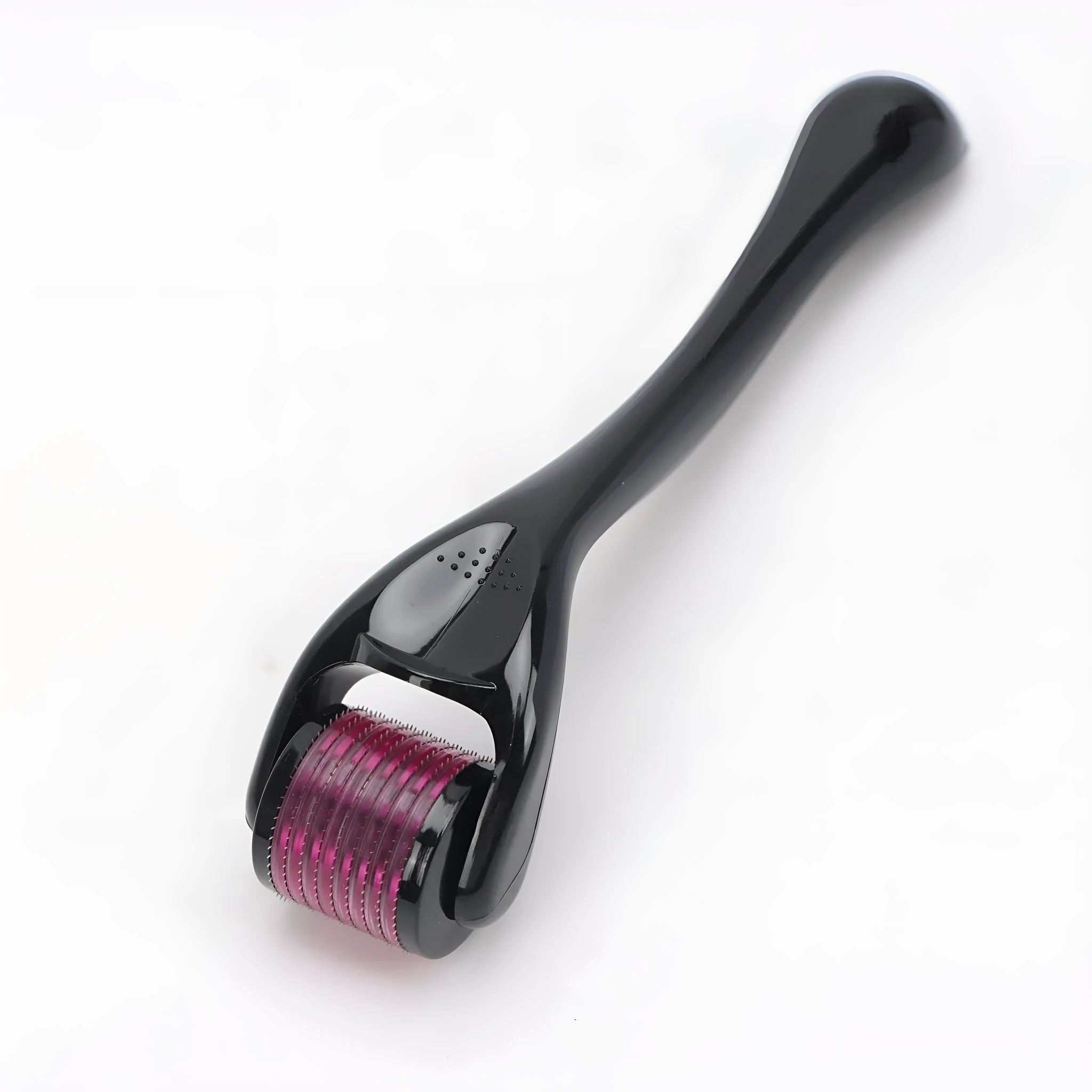 540 micro needle derma roller with black handle and purple wheel, showing adjustable needle sizes.