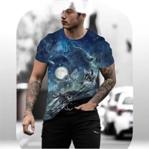 Man modelling a short-sleeved grey T-shirt with a retro-style 3D animal graphic print on the front.