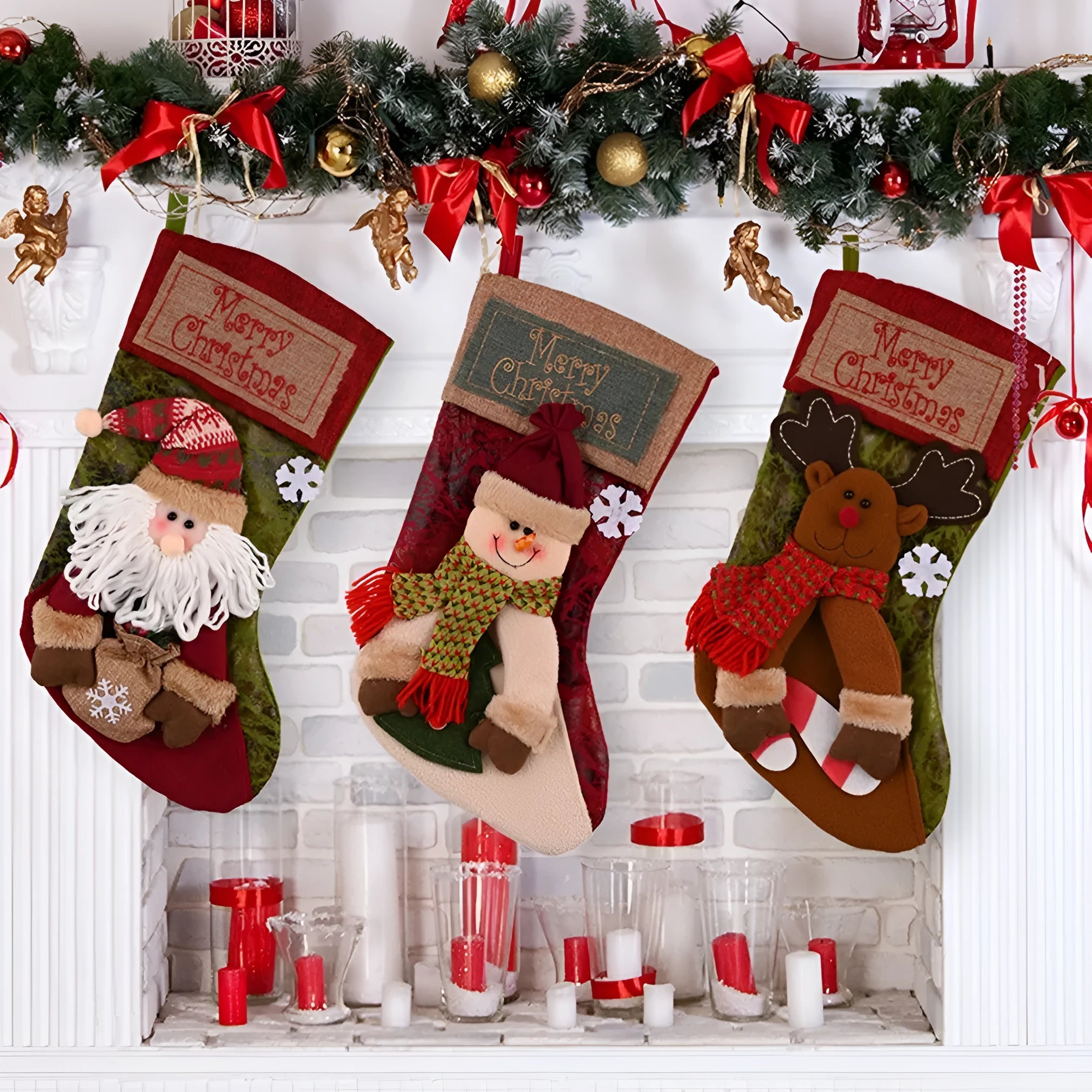Christmas stocking socks with 3D applique snowman, Santa, and elk designs in mixed colours