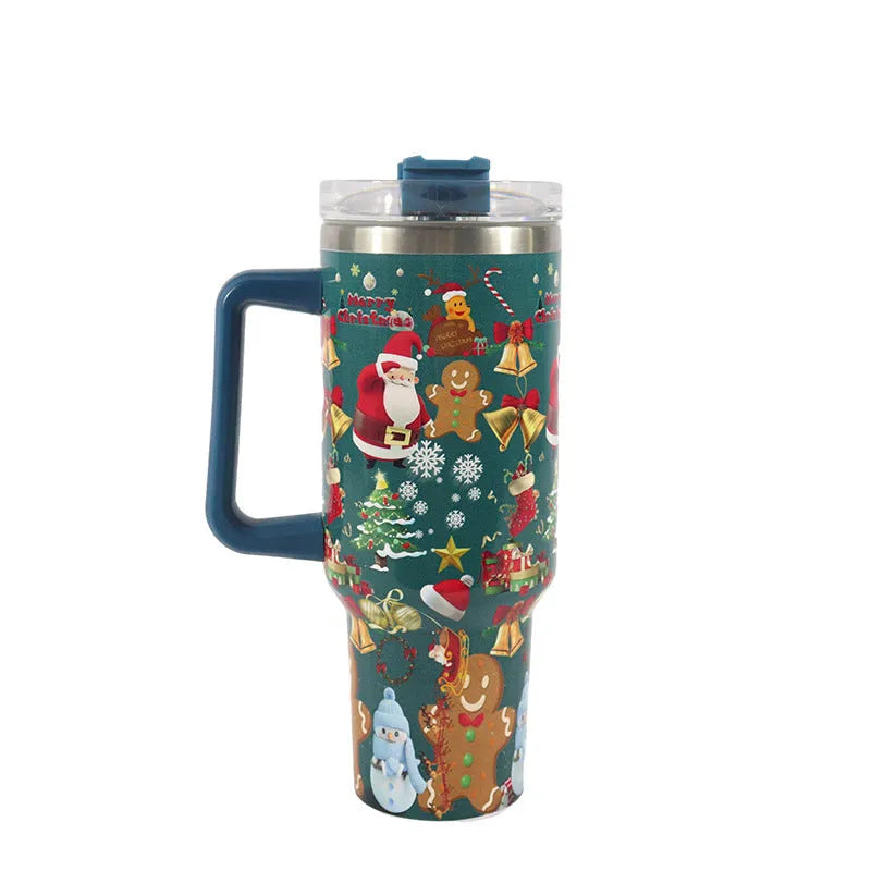 Christmas pattern stainless steel vacuum tumbler with handle, lid and straw - 1200ml capacity travel cup