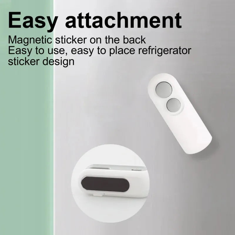 Blue and white handheld USB rechargeable heat sealer with magnetic back on a metal surface.