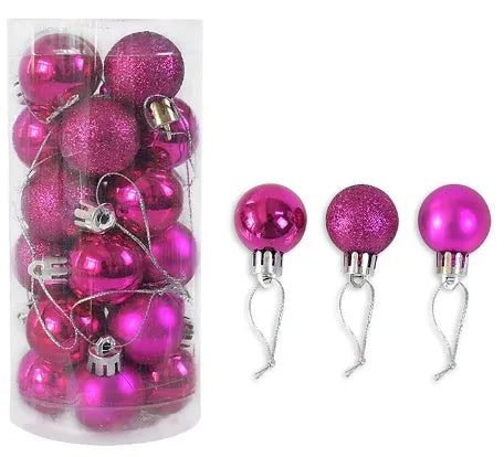 Assortment of 3cm shiny matte Christmas ball decorations in gold, red, silver, blue, and pink colours.