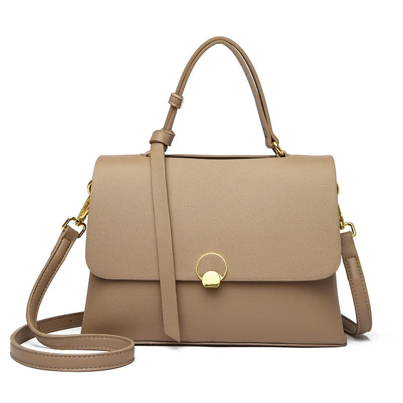 Soft PU cross-body handbag in beige, square vertical shape with sewing line detail, on white background