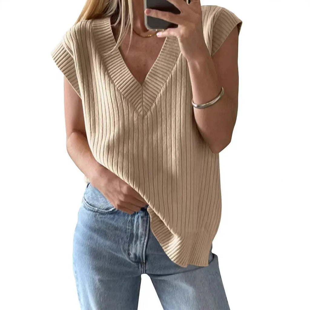 V-neck sleeveless loose pullover vest in camel colour with stripe pattern