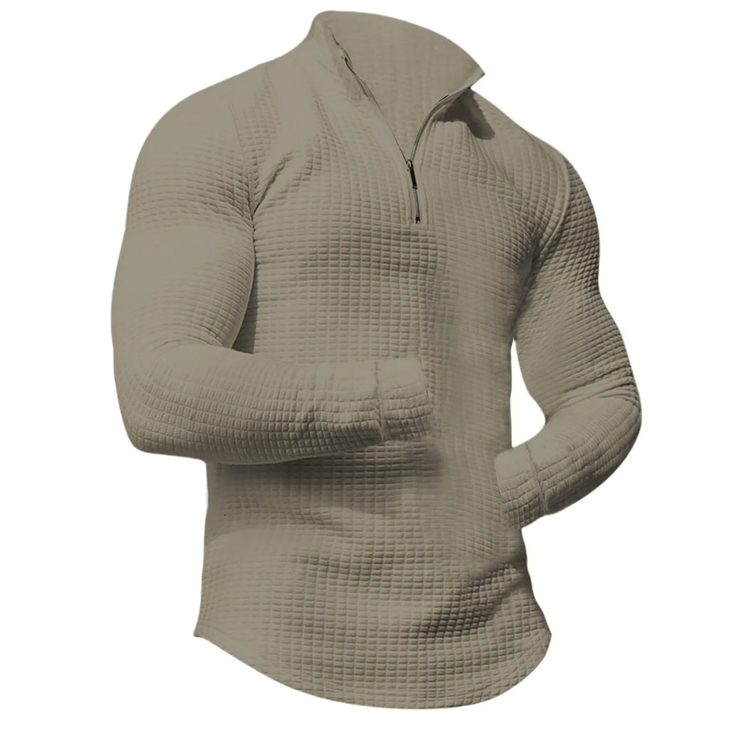 Men's stand collar half zip plaid sweater in polyester, available in multiple colours, front view