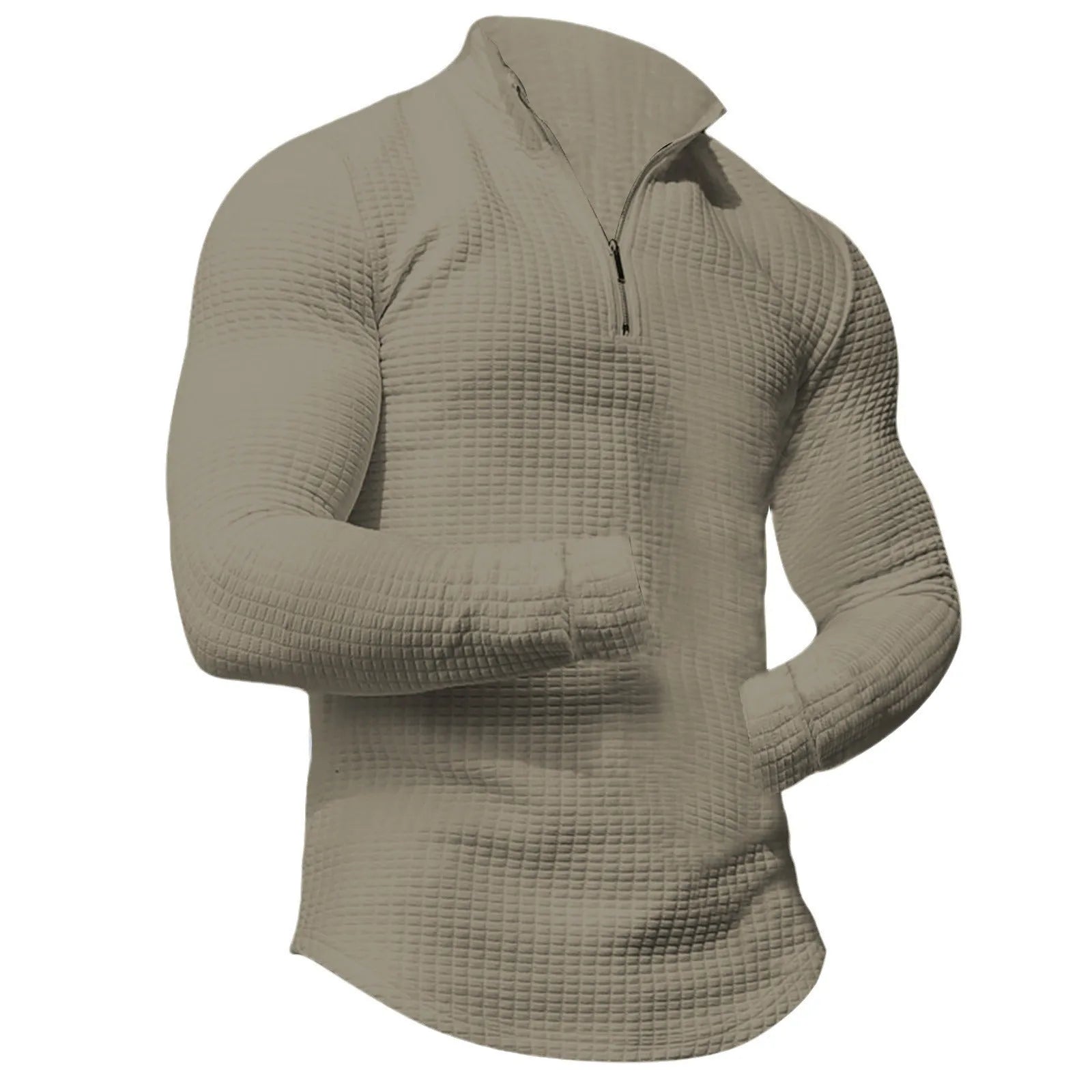 Men's stand collar half zip plaid sweater in polyester, available in multiple colours, front view