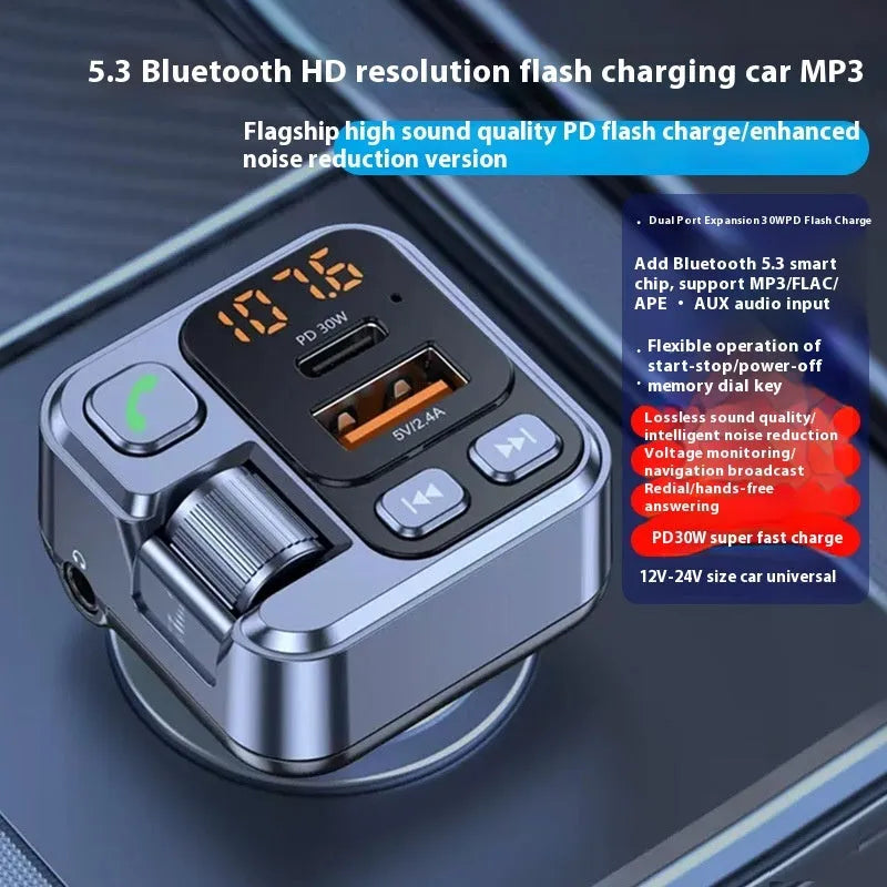 Car Bluetooth receiver and fast charger with LED display and USB-A and USB-C ports