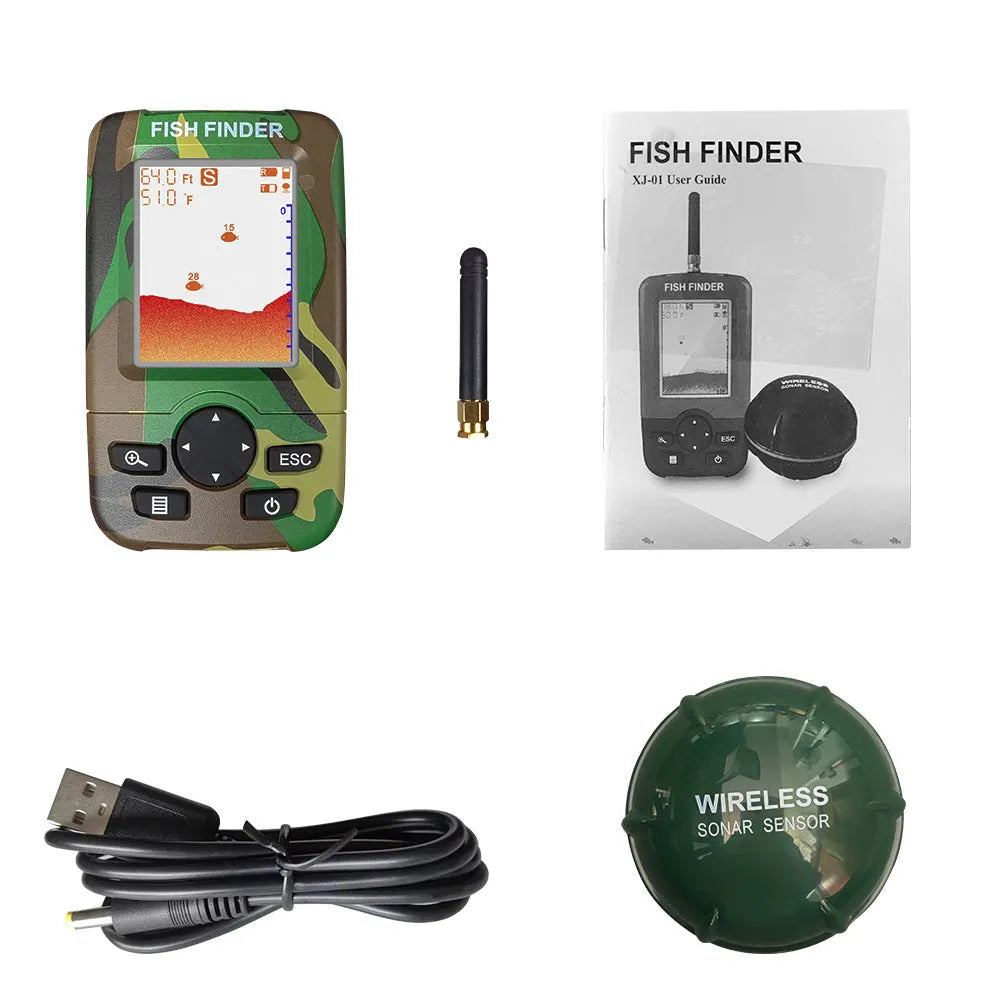 Smart wireless fish finder with accurate fish group detection, depth 0.6-73 metres, model options in black, camouflage, red