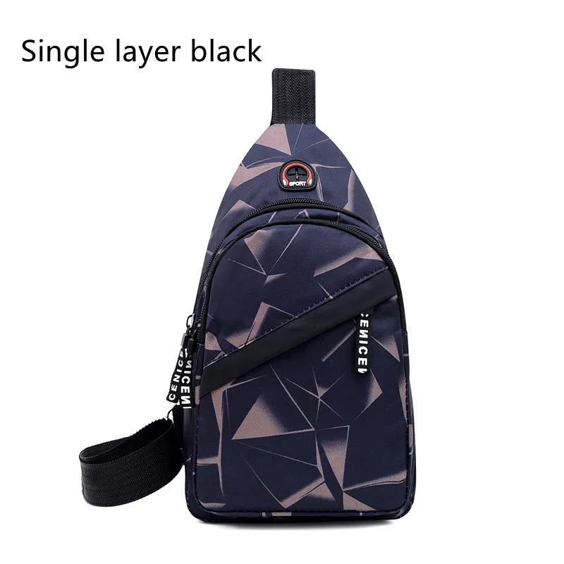 Print sling chest bag with earphone hole design in Oxford cloth, showing zipper opening and square vertical shape
