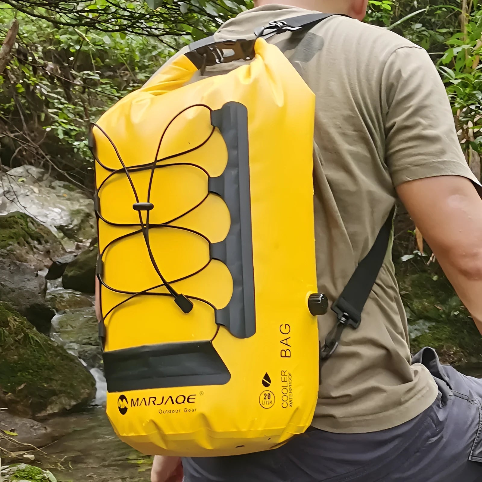 Yellow and black outdoor waterproof backpack with dry wet separation compartment for water sports