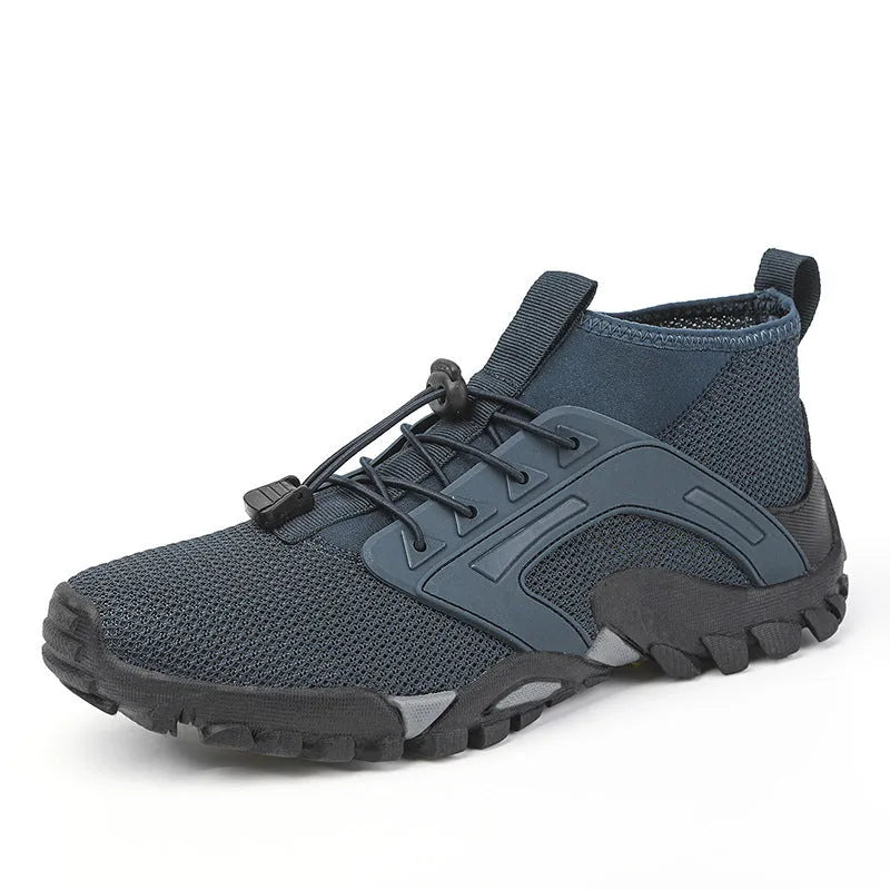 Men's non-slip hiking shoes with fly woven upper and rubber sole, mid-top style in black