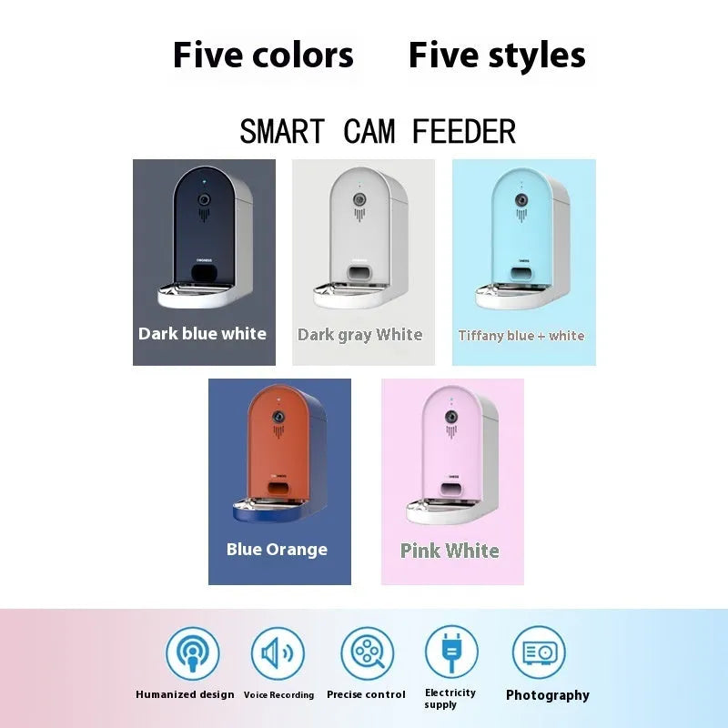 Smart pet feeder in plastic construction with automatic feeding and remote monitoring, available in multiple colours