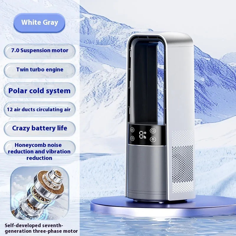 Light gray bladeless twin-turbo ice-sensing fan with digital display and night light on a table