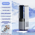 Light gray bladeless twin-turbo ice-sensing fan with digital display and night light on a table