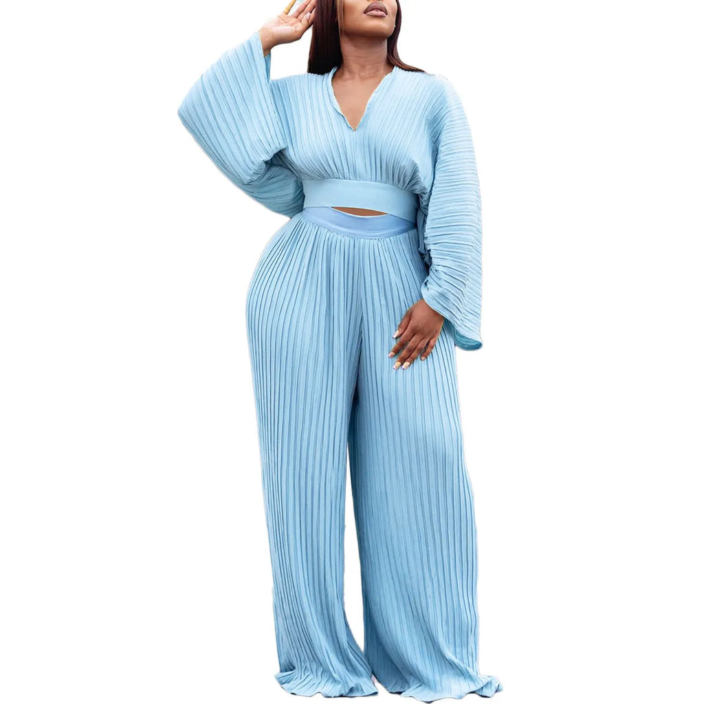 Women's African suit two-piece set with batwing sleeves and wide leg trousers in red or sapphire blue