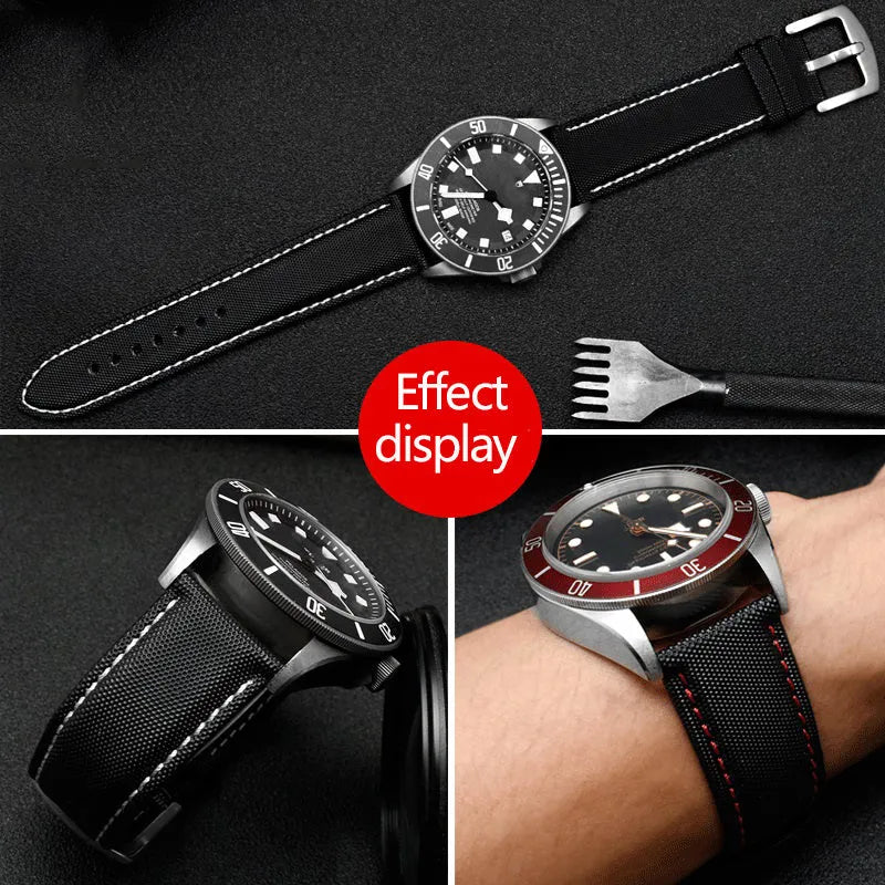 Tiansuo Haixing men's nylon canvas watch band in orange line black with needle buckle, 22mm width