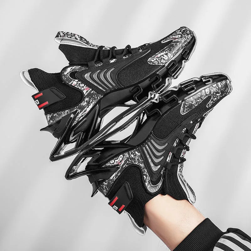Cool men running sneakers with breathable mesh, anti-skid rubber sole, lace-up front, black colour, side view