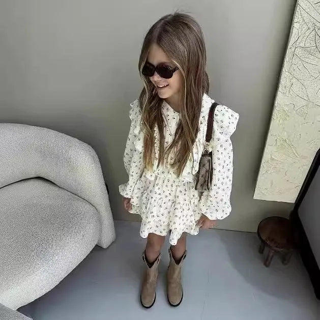 Girls autumn floral lace shirt tiered skirt two-piece cotton set with shorts pullover style