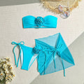 Women's tube top swimsuit set with three-dimensional big flower ties in blue pink purple includes top pants skirt