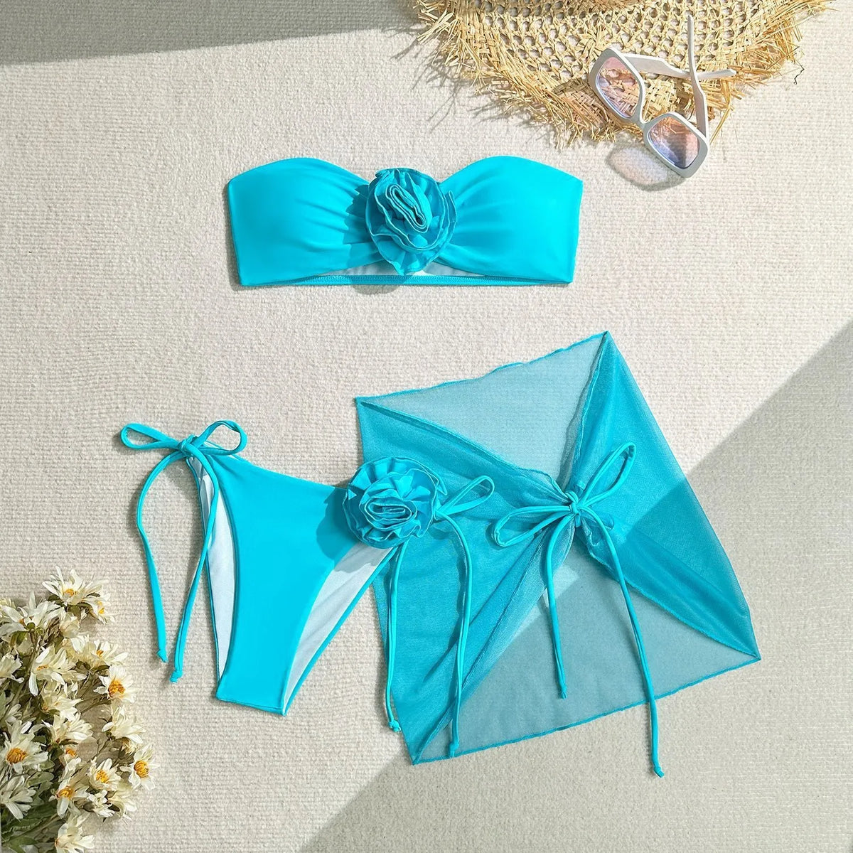 Women's tube top swimsuit set with three-dimensional big flower ties in blue pink purple includes top pants skirt